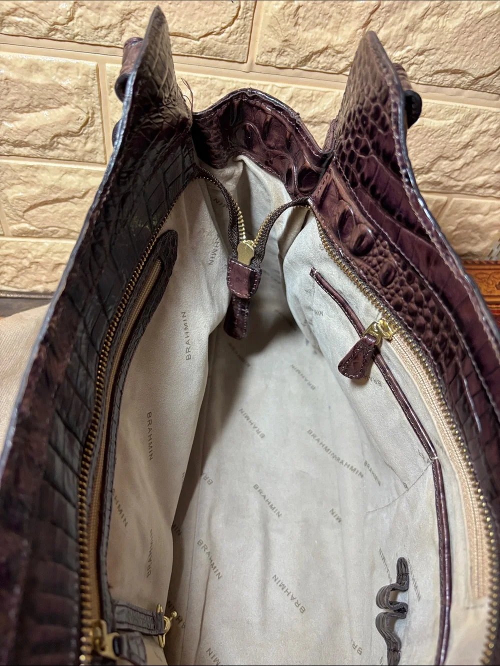 Brahmin Croc-Embossed Leather Shoulder Bag in Dark Brown w Burgundy Tones